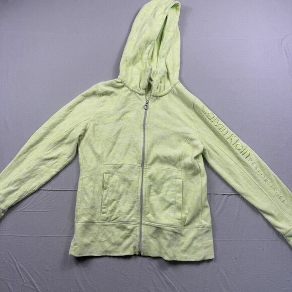 CALVIN KLEIN WOMENS BRIGHT GREEN ZIP UP FLEECE HOODED JACKET SIZE XS - Picture 1 of 7